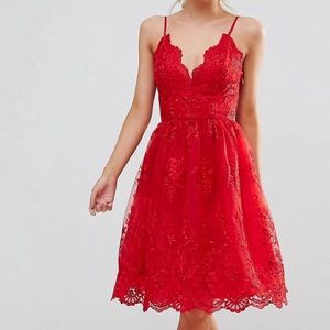Chi Chi Red Scalloped Lace Midi Homecoming Dress